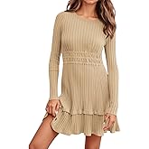 Wenrine Womens Long Sleeve Sweater Dress Casual Ribbed Knit Crewneck A Line Slim Fit Tiered Fall Mini Dresses