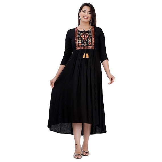 Women's Rayon Embroidery Work Flared Kurti (Black)