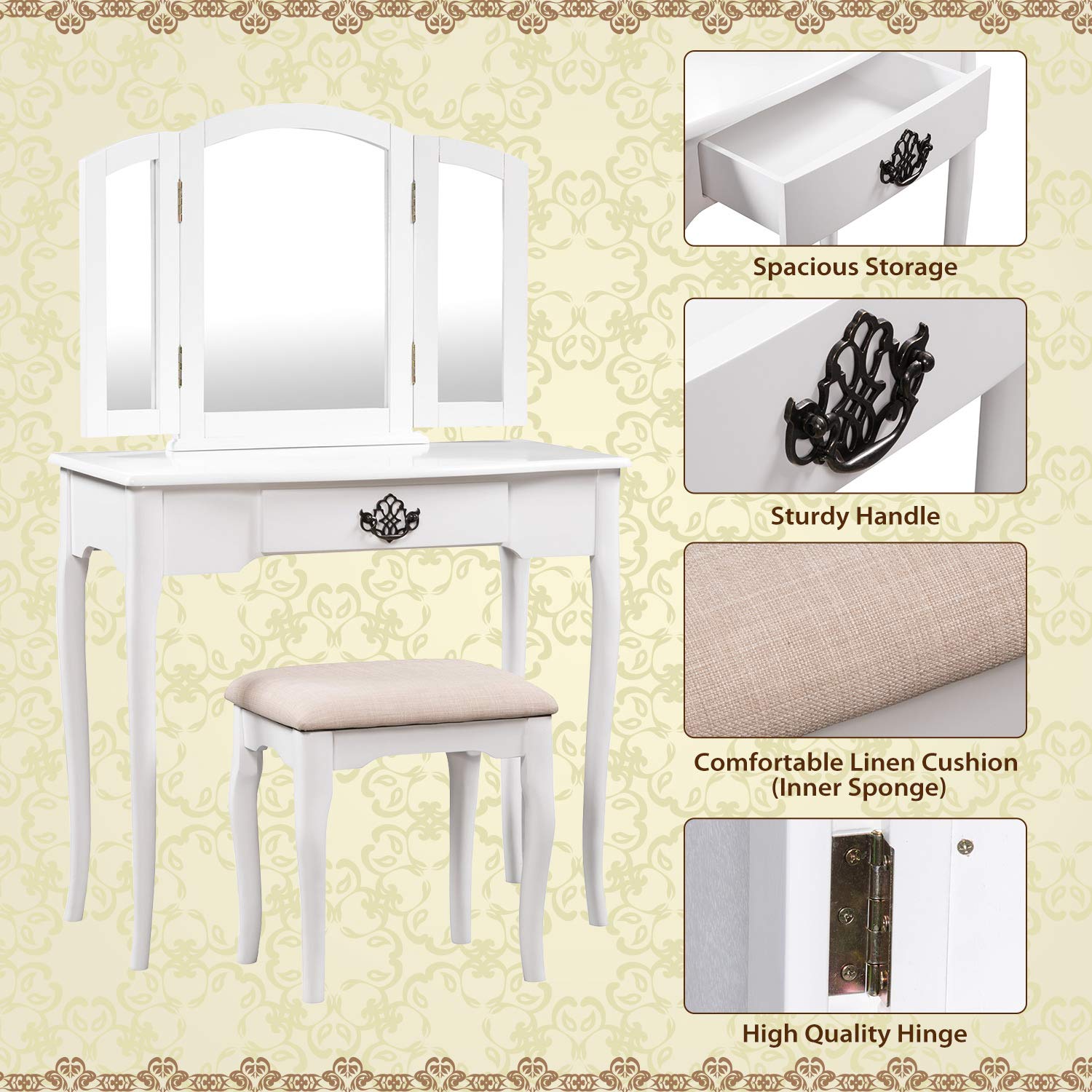Harper&Bright Designs Vanity Table Set with Mirror and Cushioned Stool