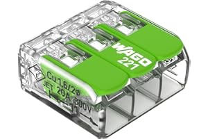 221-423 | WAGO Splicing Connector Green Range | for Solid, Stranded and fine-Stranded Conductors | 3-Conductor with levers | 24 – 12 AWG | Transparent housing | [50 Pieces]