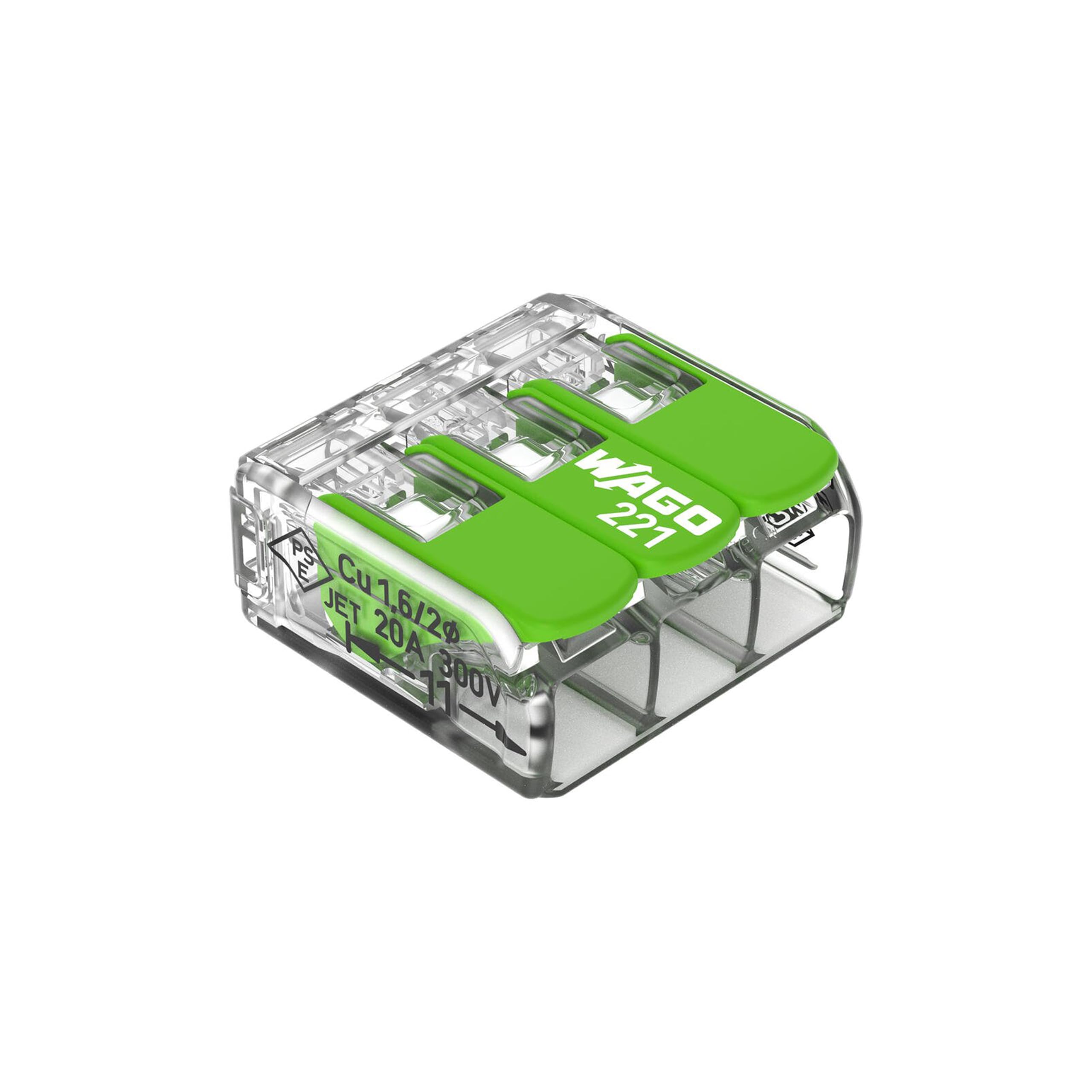 WAGO Green Range Terminal Block 3-Wire, to 4 mm², Splicing Connectors 3-Pole with Lever for All Conductor Types Pluggable, 221-423, 50 pcs