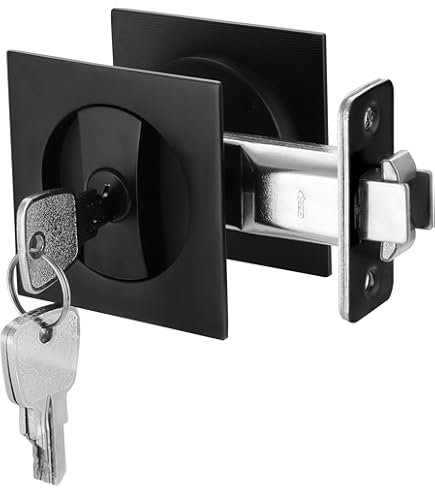 Lipshome Pocket Door Lock With Key – Privacy Lock Set, Matte Black, Square Design, Double-Sided, Fits 1-3/8" To 1-15/16" Doors – Includes Edge Pull Ring