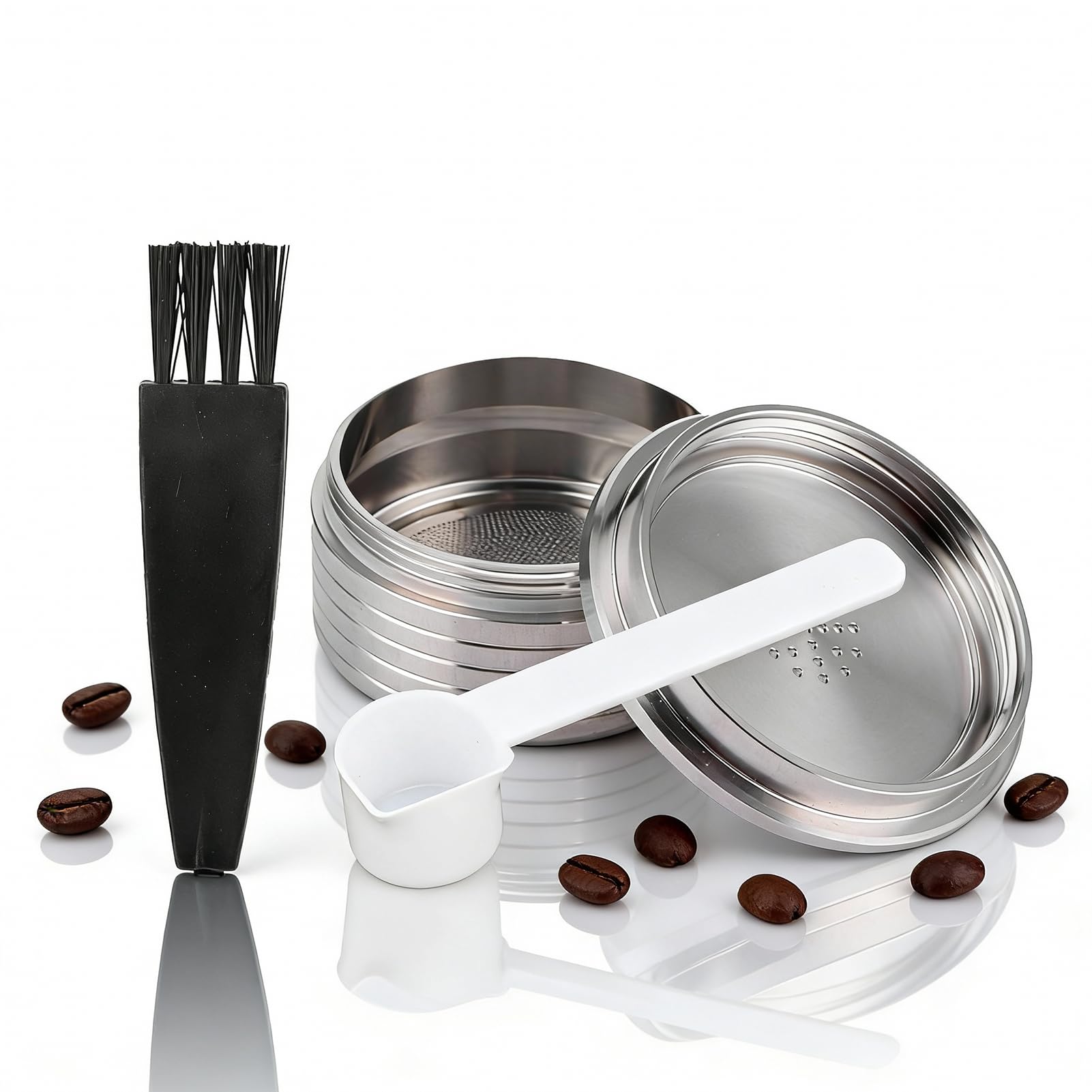 Reusable Coffee Capsule Pod with Spoon Brush Multifunctional Stainless Steel Refillable Capsule for Delta Q NDIQ7323 Coffee Maker Machine