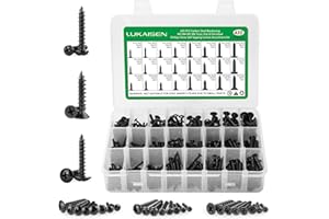 LUKAISEN 435Pcs Self Tapping Screws Assortment Set, M3/M4/M5/M6 Black Carbon Steel Sheet Metal Screws Kit, Phillips Drive Wood Screw Assortment Self Drilling Screws for Furniture DIY(Truss, Flat & Pan Head)