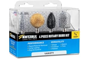 Kutzall 4-Piece Rotary Burr Kit - 1⁄4" Shaft, Variety Grit - Wood Carving Bits for Bosch, DeWalt, Milwaukee Tools - Structured Tungsten Carbide Wood Carving Bits