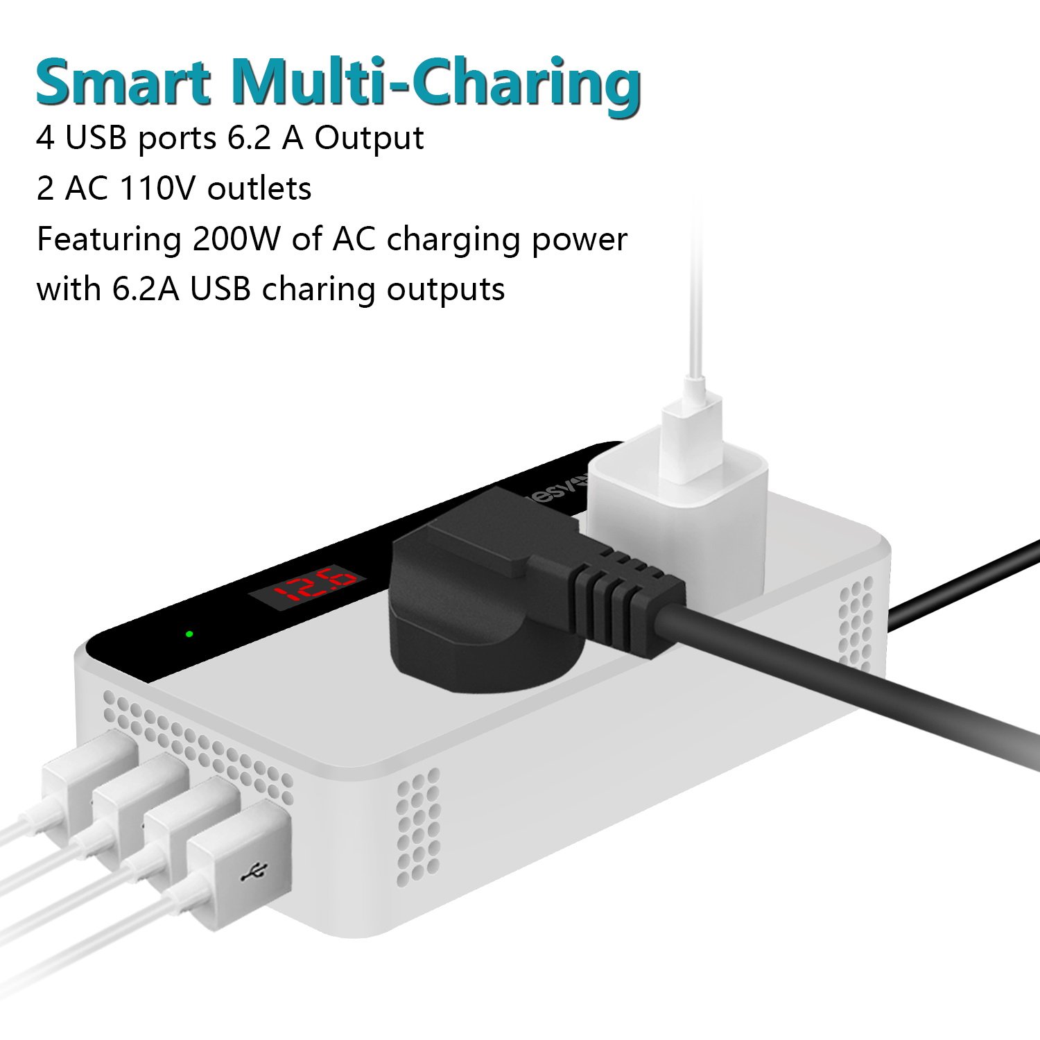 Quesvow 200W Car Power Inverter DC 12V to 110V AC Converter 4 USB Ports Charger-White