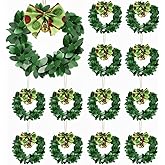 Syhood 12 Pcs Mini Christmas Wreaths for Cabinets with Gold Bells Small Kitchen Xmas Decor Christmas Cabinet Wreaths Ornament for Kitchen Chair Fireplace Farmhouse Home Decor(3.15 Inch,Green Bowknot)