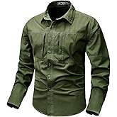 Eisctnd Men's Long Sleeve Tactical Work Shirts, Outdoor Casual Button Down Shirt with Zipper Pockets for Hiking, Safari