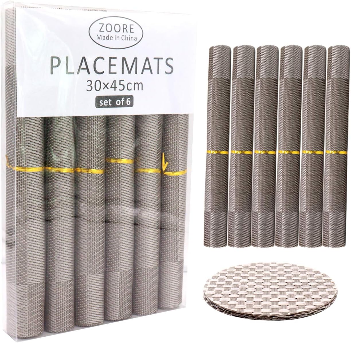 Panngu Placemats, Set of 6 Placemats, Washable Table Mats PVC Placemats Non-Slip and Environmental, Vinyl Table Mats with Matching for Kitchen Dining Table (Dark grey)
