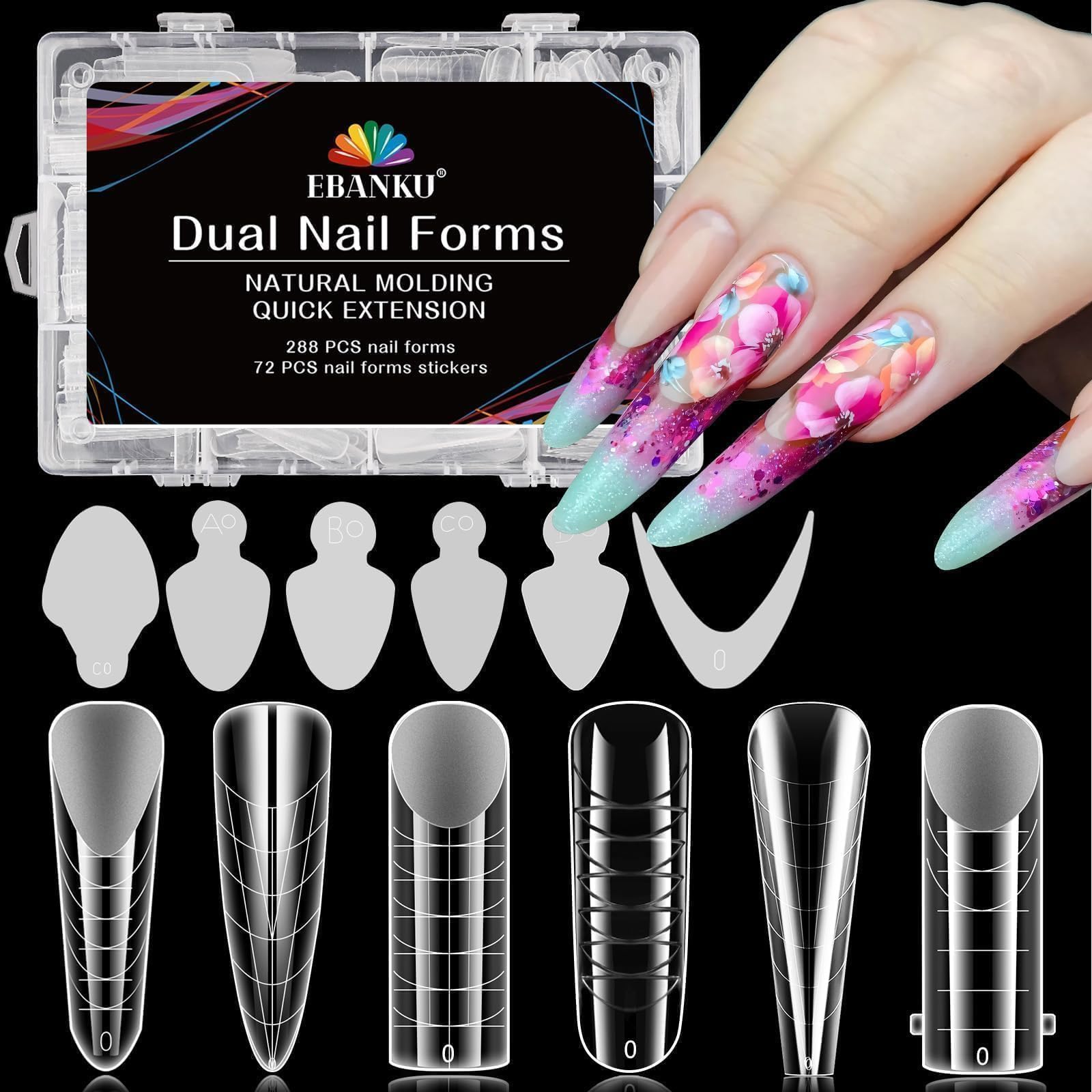 EBANKU 288PCS Clear Dual Nail Forms System - Full Cover Mold Tips for Acrylic Extension With 72PCS Stickers for Art Salon Design (6 Styles)