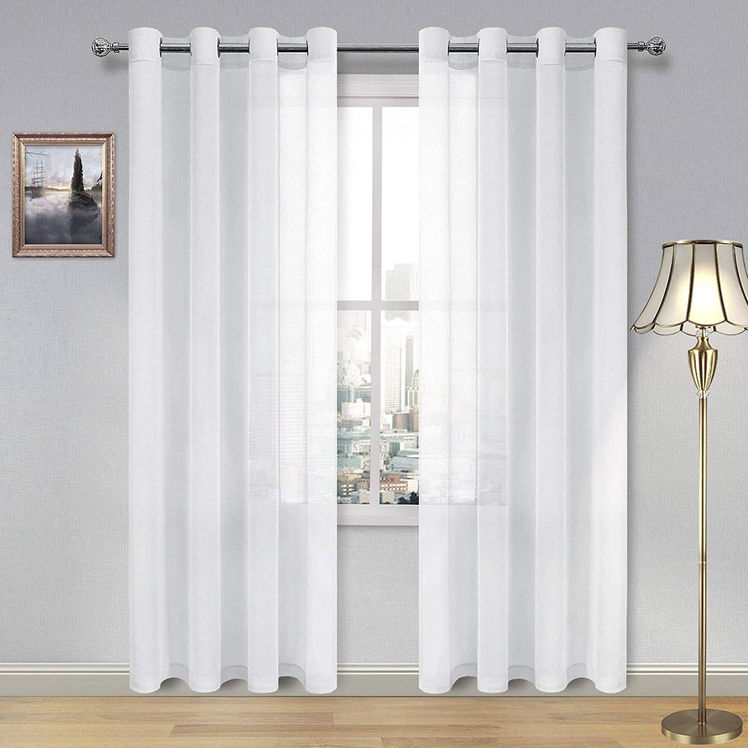 DWCN White Sheer Curtains Linen Look Semi Transparent Voile Grommet