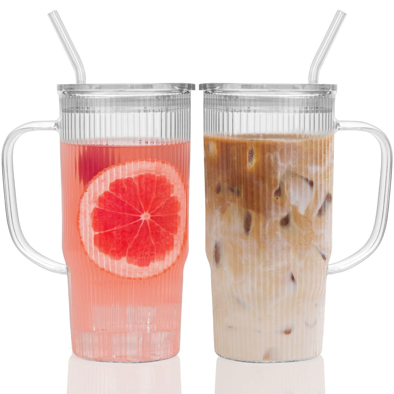 Photo 1 of GOSCHE Glass Cups with Lids and Straws, Glass Tumbler with Handle for Iced Coffee, Tea, Juice, Smoothies, 24oz Drinking Cup with Plastic Lid for Hot & Cold Beverages, 2 Pcs