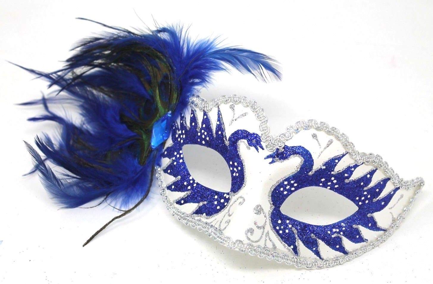 LADIES BLUE WHITE & SILVER VENETIAN MASQUERADE HALLOWEEN CARNIVAL PARTY EYE BALL PEACOCK FEATHER MASK