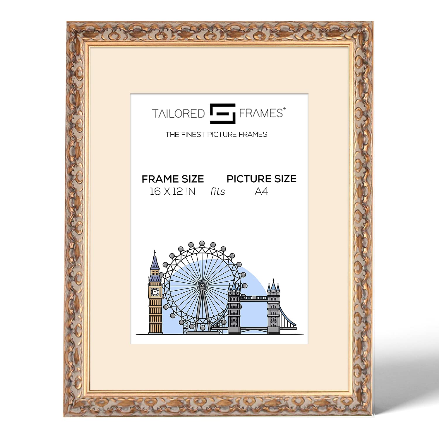 Tailored Frames Vienna Gold 16" x 12" Frame for A4 Picture | Rustic Style Vintage Single Picture Frame | Wall Hanging Type | Photo Frame with Antique White Mount