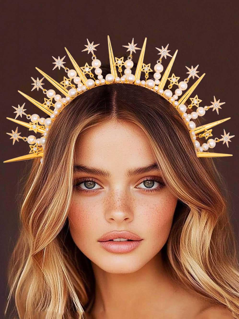 IYOU Star Halo Headband Gold Pearl Goddess Headpiece Mary Bridal Party Wedding Hair Accessories for Women