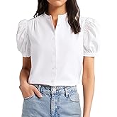 SUNNOW Women's Puff Sleeves Button Down Shirt Classic Elegant Short Shleeves Blouse Casual Tops