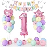 1st Birthday Decorations for Girls, Pastel Macaron 1st Birthday Balloons | Pink Number 1 Balloon with Butterfly Stickers, Star Heart Foil Balloons Banner for Baby Girls 1 Year Old Birthday Party Decor