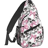 Famame Sugar Skull Skeleton Flower Pink Sling Backpack Chest Bag Crossbody Shoulder Bag Gym Cycling Travel Hiking Daypack For Men Women, Multicolor
