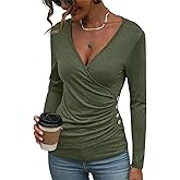 EasyGala Women's Long Sleeve Deep V Neck Tops Wrap Ruched Slim Fit Shirts Button Side Blouse Sexy Fall Outfits 2025