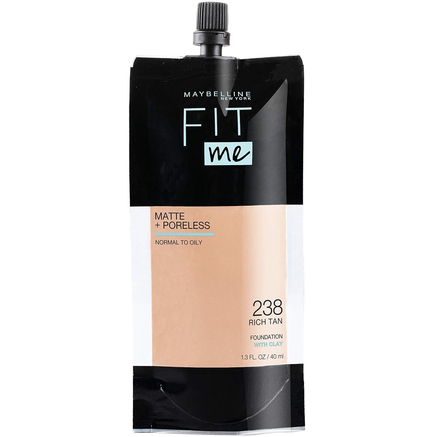 Maybelline Fit Me Matte + Poreless Liquid Foundation, Face Makeup, Mess-Free No Waste Pouch Format, Normal to Oily Skin Types, Rich Tan, 1.3 Fl Oz