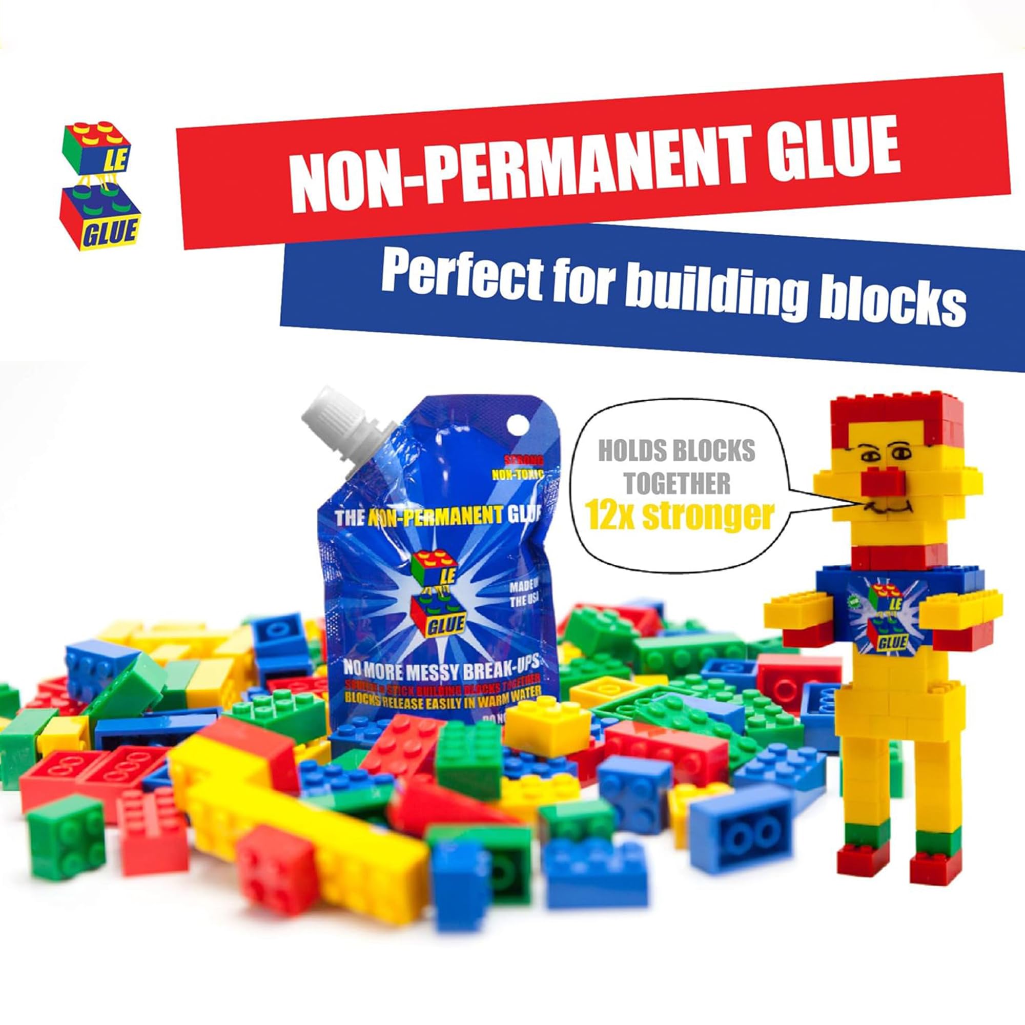Le Glue Temporary Glue 2 Pack - Compatible with Legos - Non-Permanent Clear Adhesive for Plastic Building Blocks - No Messy Break-Ups - Non-Toxic Formula Created for Kids, by a Kid