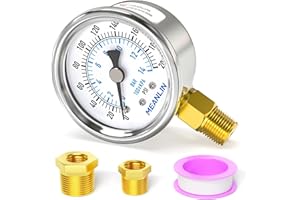MEANLIN MEASURE 0~200Psi Dry Pressure Gauge Stainless Steel 1/4" NPT 2" FACE DIAL Waterproof for Air Compressor Air Regulator Water Filter Lower Mount, with 1/2" NPT and 3/8" NPT Hex Bushing