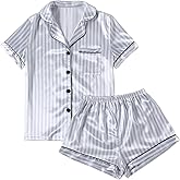 LYANER Women's Striped Silky Satin Pajamas Short Sleeve Top with Shorts Sleepwear PJ Set