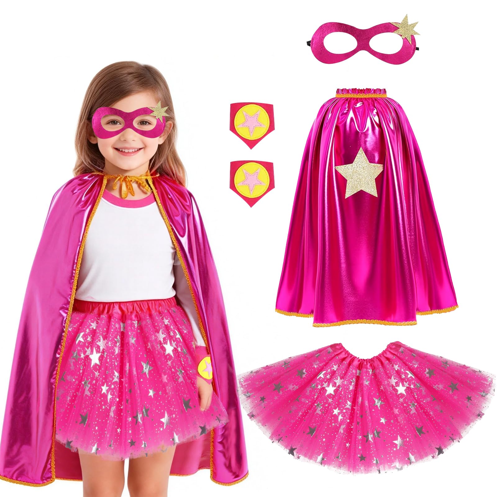 Super Hero Costume Kids, Girls Superhero Costume Super girl Cape with Mask Tutu Ballet Dance Skirt Wrist Braces Super-Hero-Capes for Girls Halloween Christmas Birthday Party 4-10 Year Old (Rose red)
