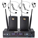 SIKUING Dual Channel UHF Wireless Microphone System, 2x30 Adjustable Frequencies, Lavalier & Headset Microphone System for Meeting, Church, 300ft Range (2 Bodypack)
