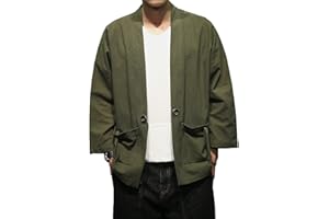 FAXIKIO Men's Cotton Blends Linen Open Front Cardigan Embroidery Kimono Jackets