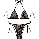 Falainetee Women's Floral Lace Sexy Bathing Suit Ring Halter Summer Swimsuit Bikini Set