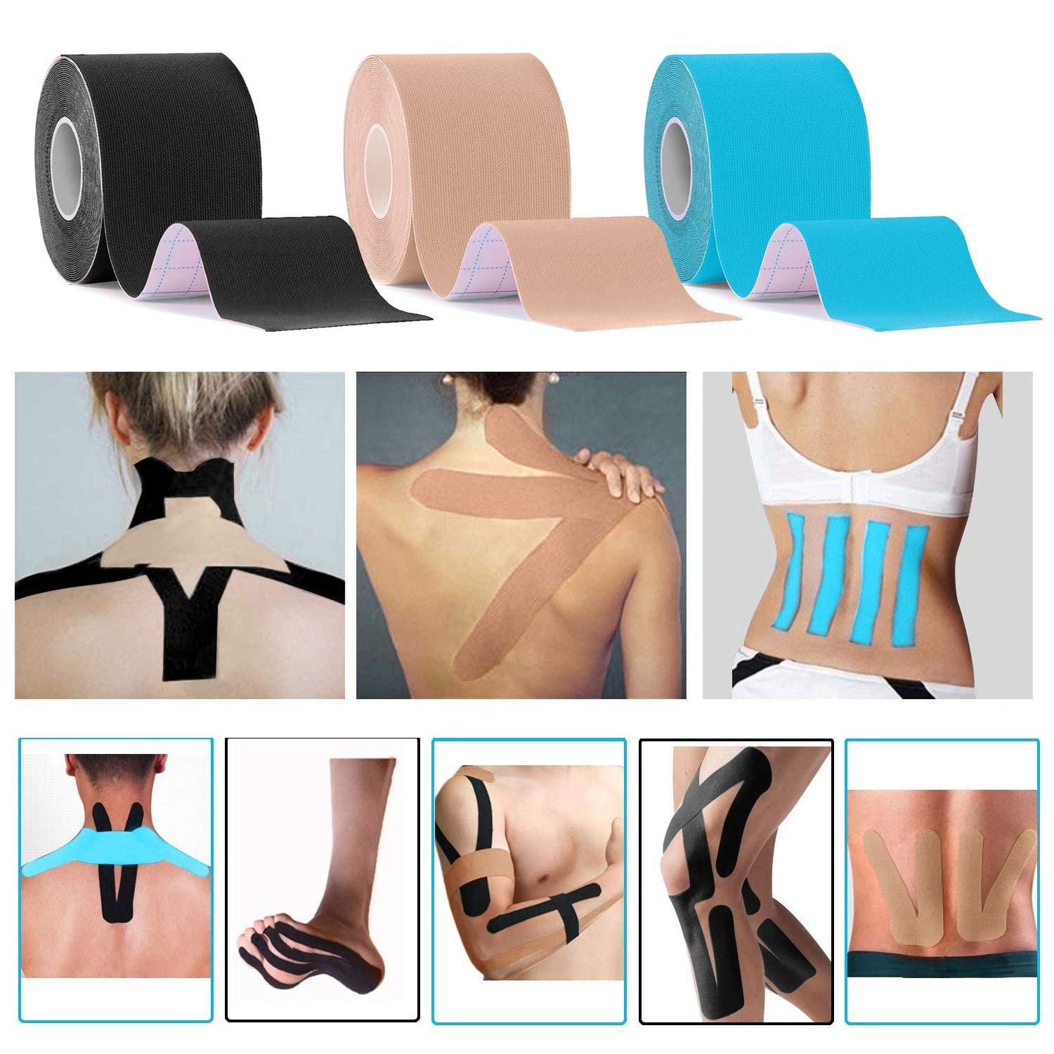 Physio Tape Kinesiologie Tape 5m x 5cm, Muskeln Kinesiology sport vorgeschnitten, Rollenlänge Elastisches Therapeutisches sport verletzungen Tape Elastische Bandage für Plantarfasziitis Physiotherapie