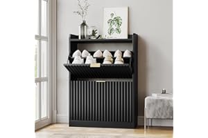 SINROM Fluted Shoe Cabinet with 2 Flip Drawers, Narrow Shoe Storage Cabinet for Entryway, Freestanding Shoes Rack Organizer Cabinets with Adjustable Shelves for Entryway, Hallway