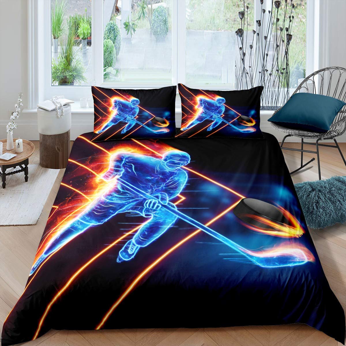 Ice Hockey Bedding Set Hockey Player Comforter Cover for Kids Adult Sports Event Duvet Cover Winter Sports Hobby Bedspread Cover Bright 2Pcs With 1 Pillow Case Single Size