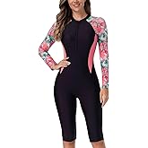 FEOYA Women Zip Front Rash Guard Colorblock Patchwork Swimsuit One Piece Monokini Boyleg Swimwear