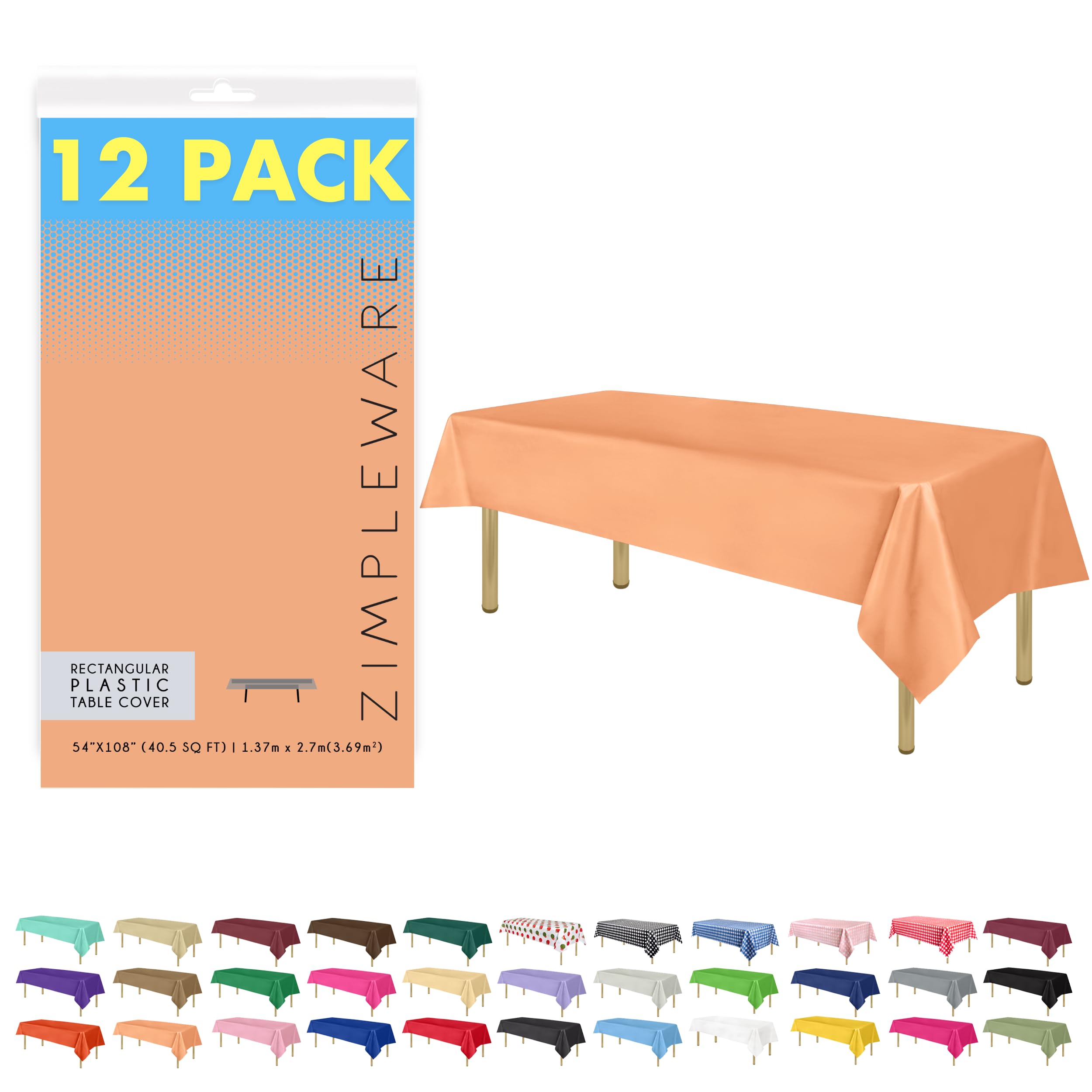 ZIMPLEWARE Premium Peach Plastic Table Cloth Disposable (12 Pk) Plastic Tablecloths for Rectangle Tables (54in x 108in) Party Table Cloths Disposable for 6ft to 8ft Rectangle Tables