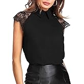 Floerns Women's Lace Splice Collar Cap Sleeve Office Blouse Tops