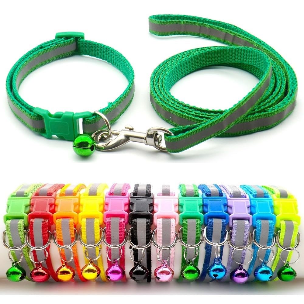 Small Dog Puppy Pet Collar and Lead Set Reflective Hi-Vis Strip Nylon Adjustable Size 19-32cm Collar with Bell and 120cm Leash Green