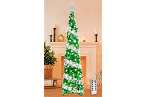 HISFFOG 5FT Pop Up Christmas Tree with 8 Rmote Lights Modes - Dual Color Sequin Tinsel Christmas Tree, Collapsible Artificial Pencil Christmas Trees Decorations for Home, Apartment, Office, Party