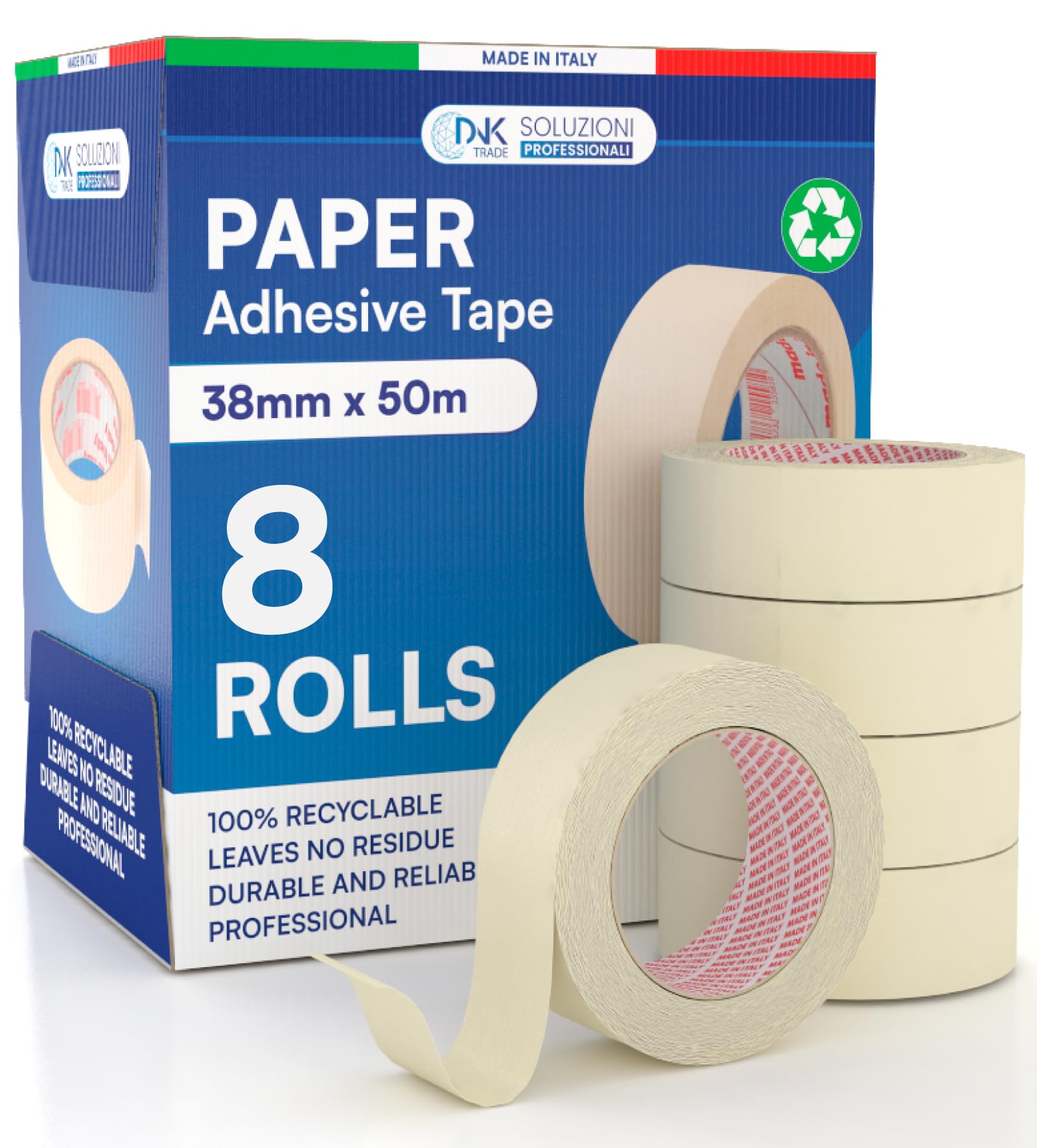 DNK TRADE Paper Tape - 8 Rolls of Painters Tape 38mm x 50m - Professional 38x50 Recyclable Gummed Paper for Masking Painting and Whitewashing