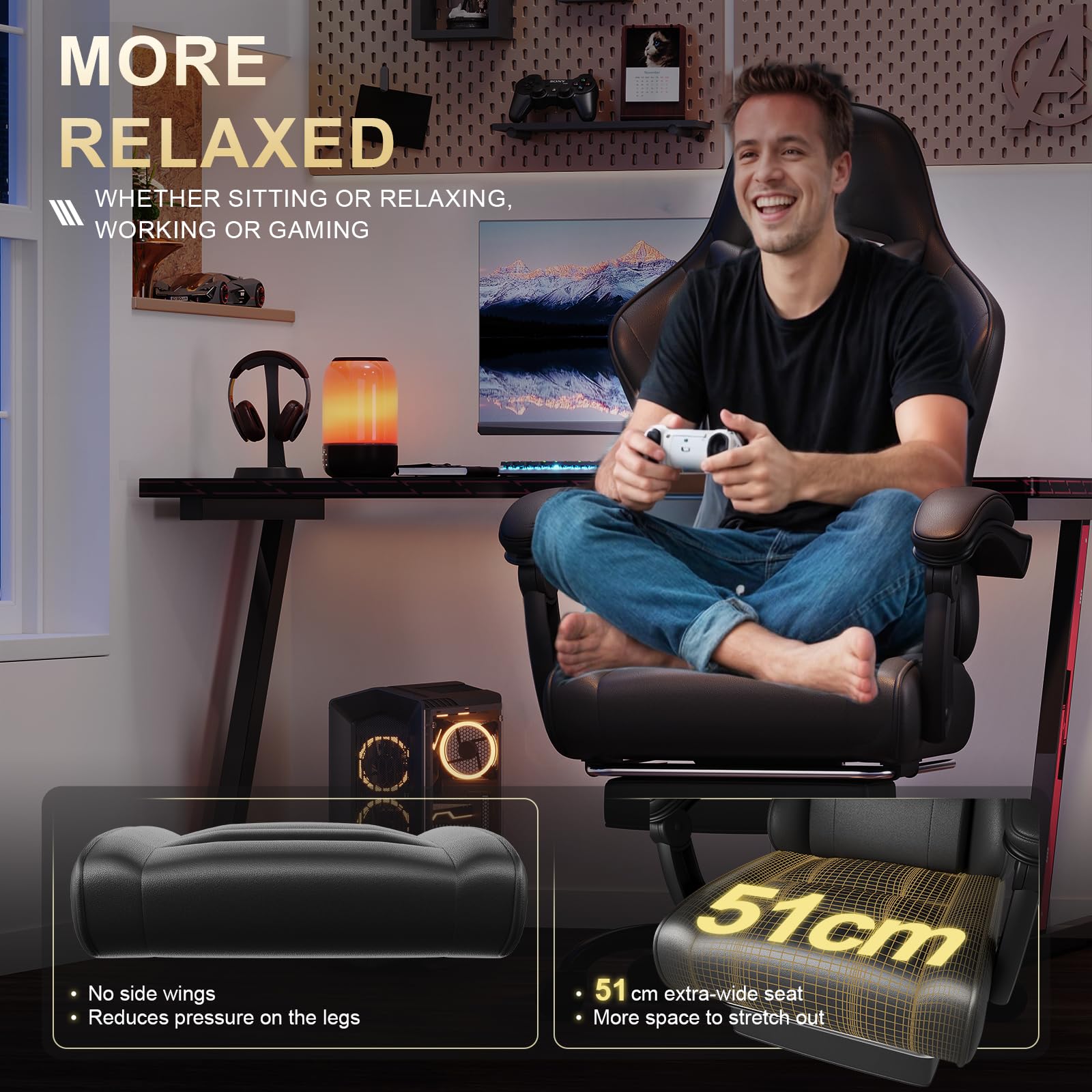 Triumphkey Gaming Chair For Adults With Footrest, Ergonomic Computer Chair With Massage Lumbar Support, Reclining Backrest, Swivel Office Gamer Chair With Headrest, Black - View 7