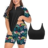 Inno Women's Plus Size 3 Piece Rash Guard Set with Bra Swimsuits Short Sleeve with Boyshorts UPF 50+ Surfing Swimwear