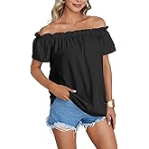 LYANER Women's Off Shoulder Ruffle Short Sleeve Ruched Casual Loose Tops Blouse Shirt