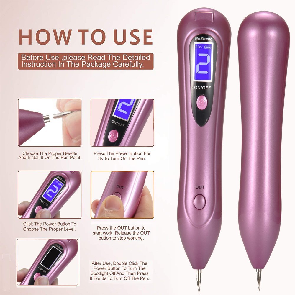 Mole Removal Pen, Protable Removal Tool Kit Adjustable 9 Strength Levels Beauty Pen for Body Facial Freckle Nevus Warts Age Spot Tattoo Remover-Black and RosePink (RosePink)