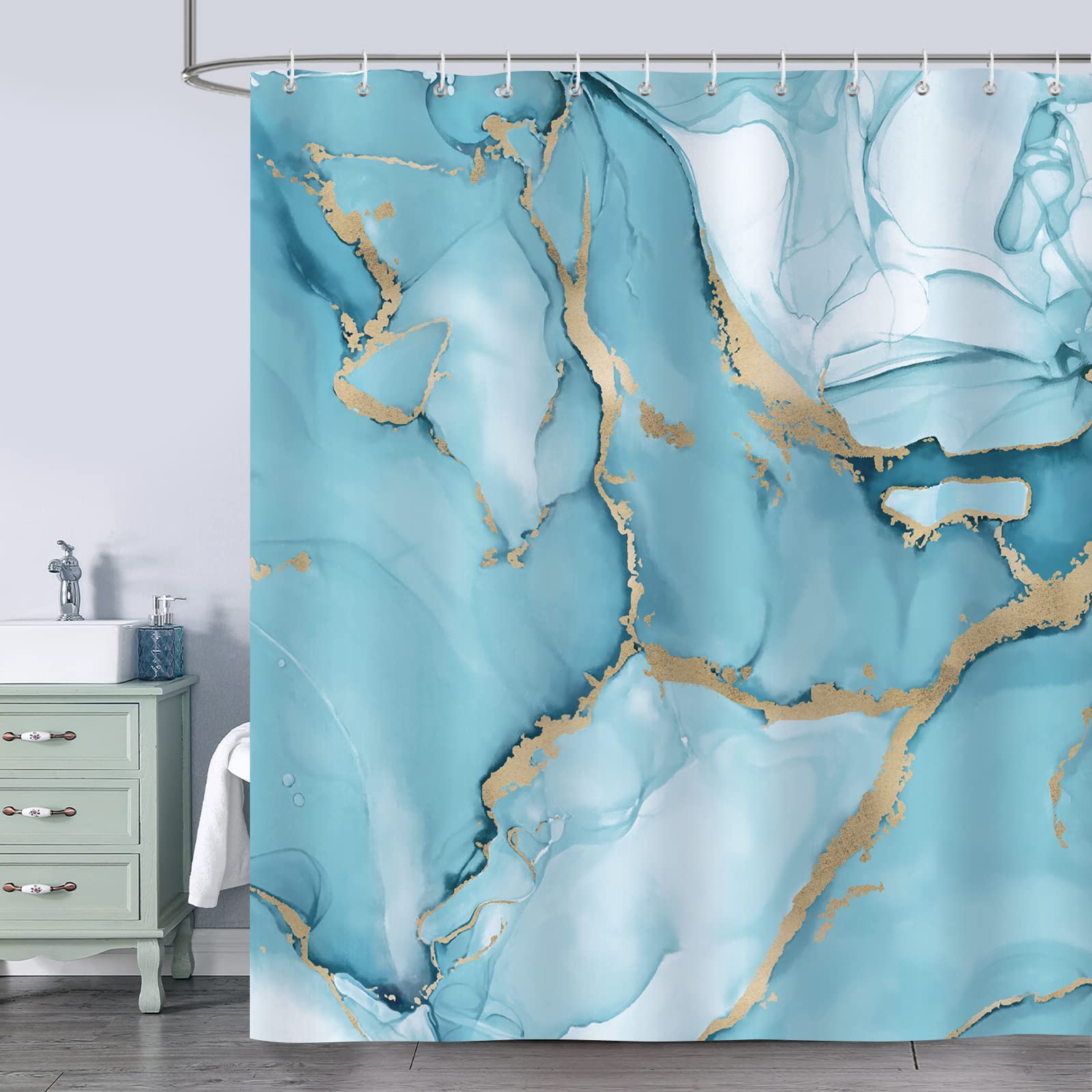 Bonhause Turquoise Marble Shower Curtain Abstract Modern Luxury Bathroom Curtain 180 x 180 cm Waterproof Mildew & Mould Resistant Polyester Fabric Bath Curtain with 12 Hooks — image 1