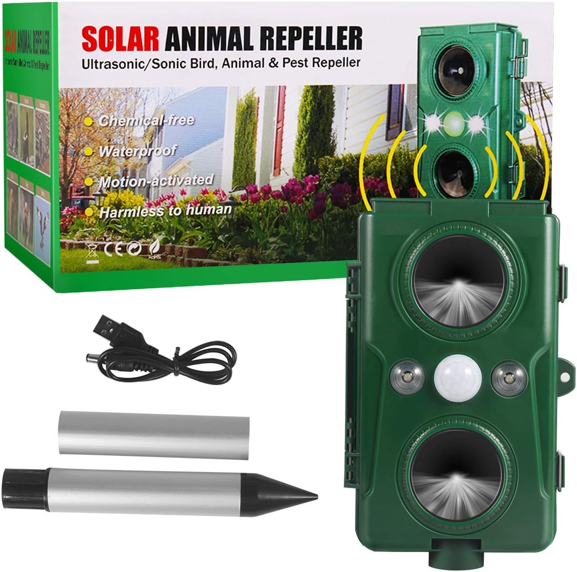 Clever sprouts Dog Cat Repellent, Ultrasonic Animal Repellent with Motion Sensor and Flashing Lights Outdoor Solar Powered Waterproof Farm Garden Yard Repellent, Cats, Dogs, Foxes, Birds, Skunks, Rod: Pet Supplies