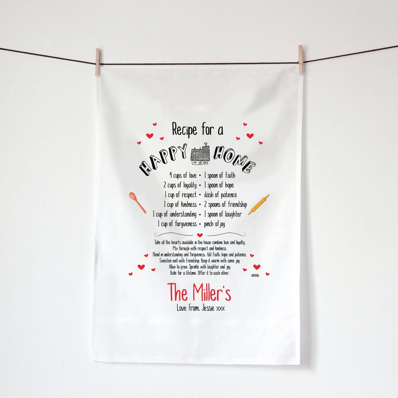 Personalised New Home Tea Towel Gift, Personalised Recipe for Happy Home Present, Housewarming Kepster Gift