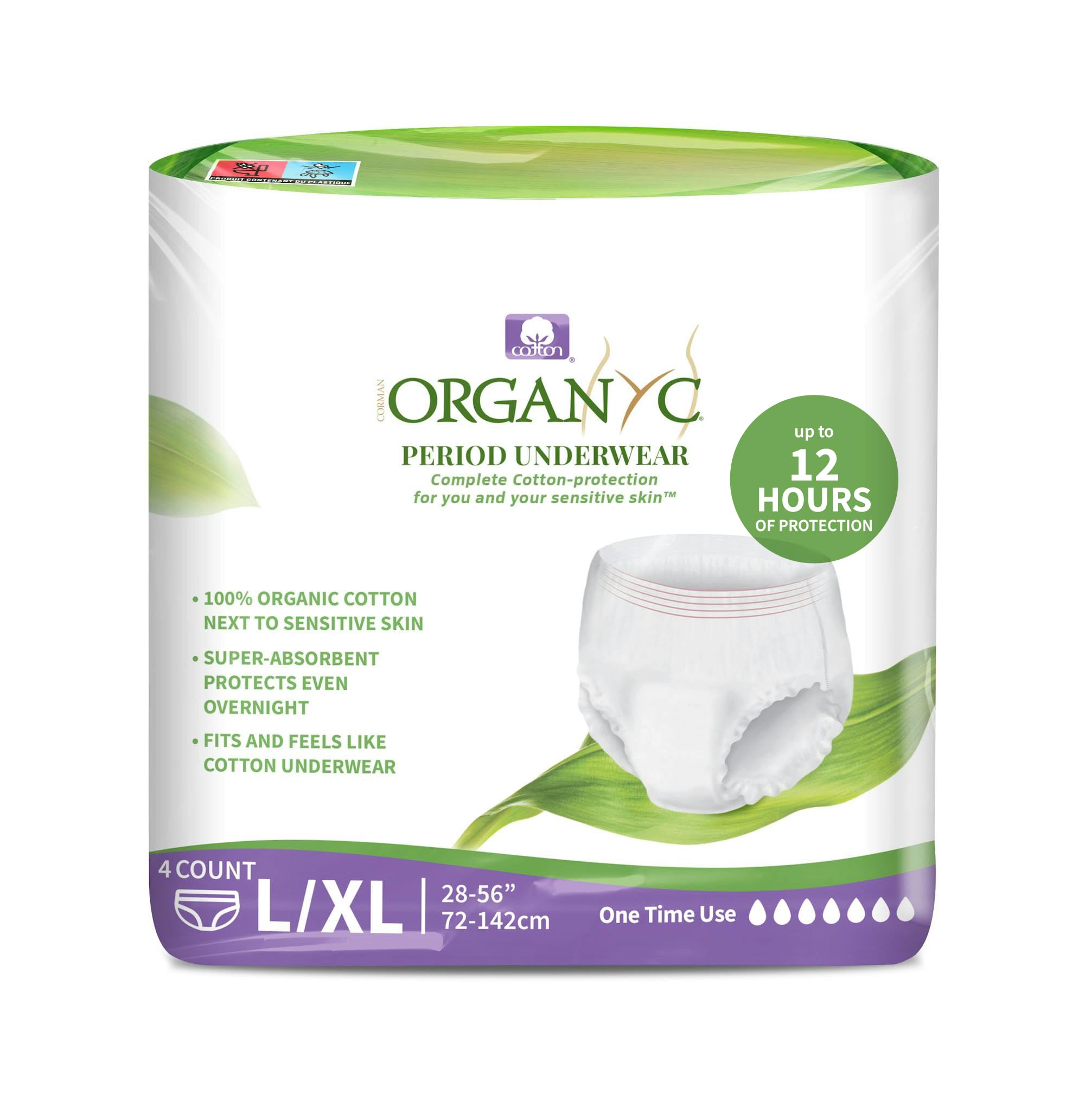 Photo 1 of Organyc Certified Organic Cotton Disposable Period Underwear for Sensitive Skin 12 Hours Complete Protection Size L/XL 4 Count
