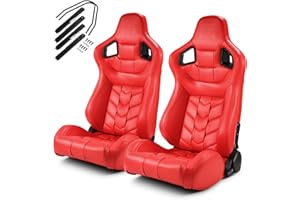 ModifyStreet [Pure Series] Pure Red PVC Reclinable Car Racing Seats Pair W/Slider Left/Right