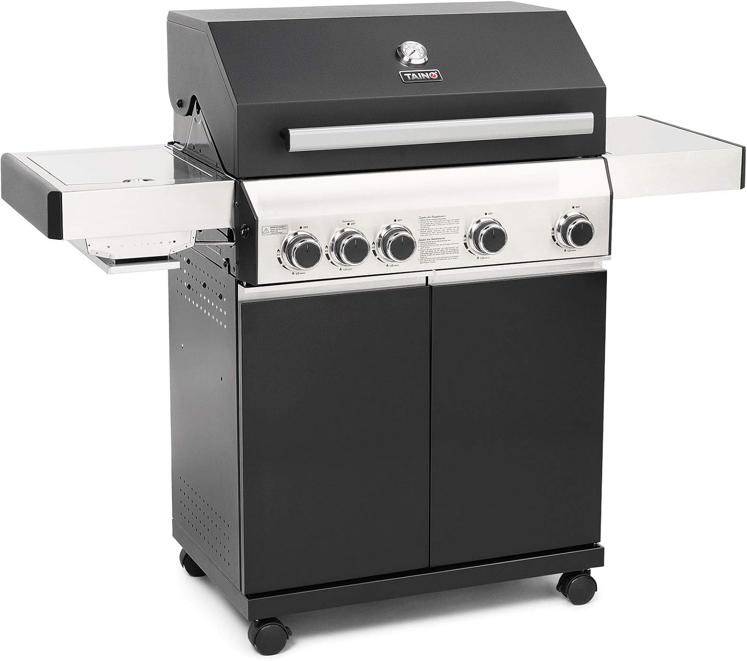 TAINO Black Gasgrill RED Edelstahl Sear-Burner Power-Zone Keramik-Brenner BBQ Grillwagen Griller Gusseisen Seitenkocher Piezozündung (Black 4+1)